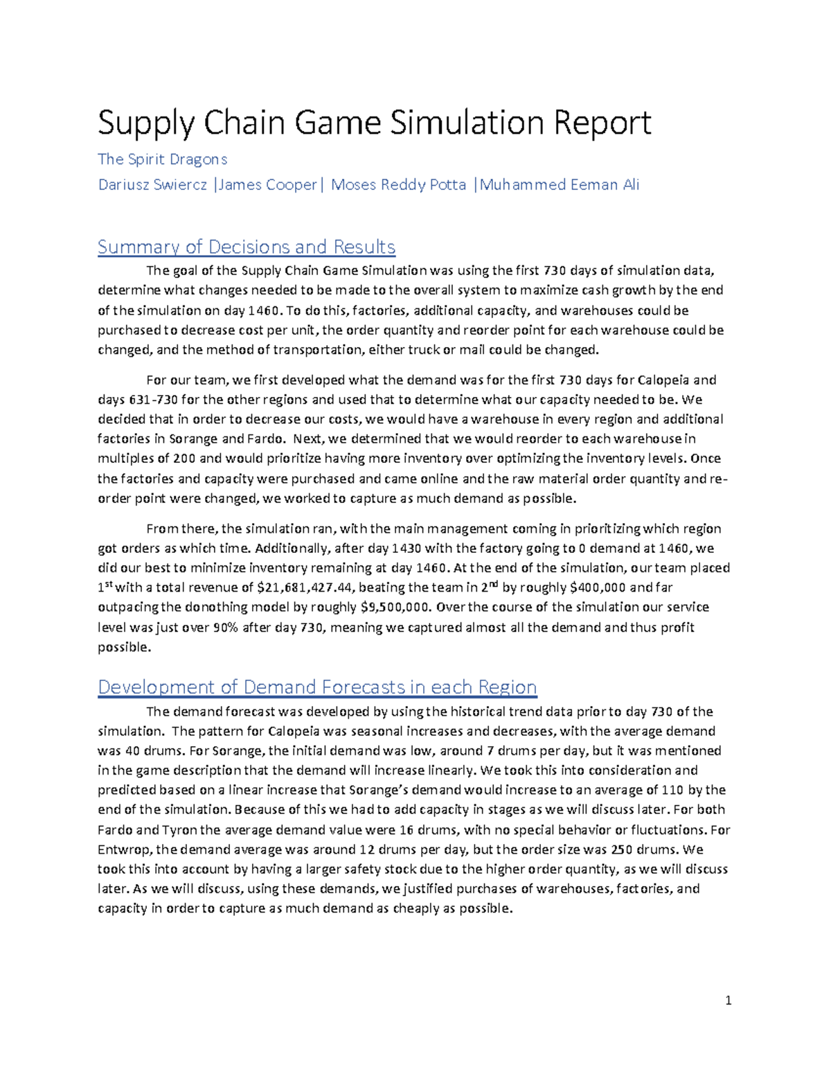 Supply Chain Game Simulation Report The Spirit Dragons Supply Chain