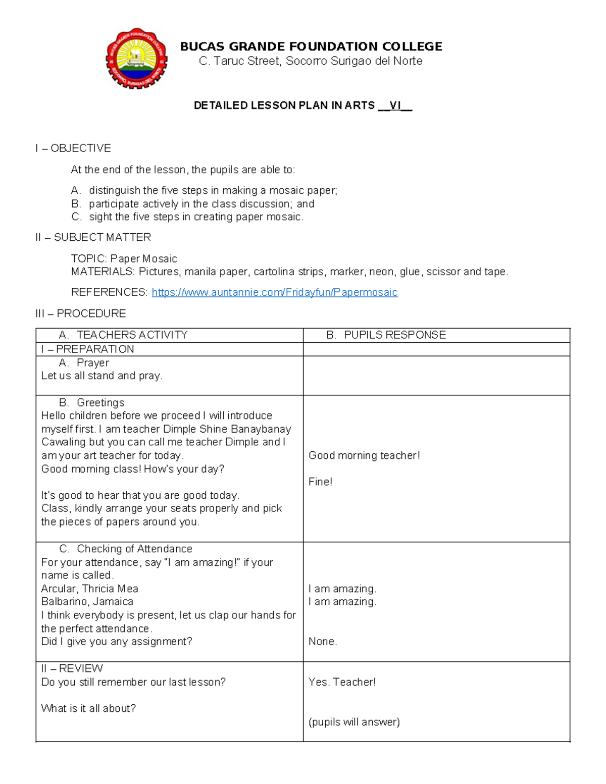 Nova mae Detailed-Lesson-Plan-in-Arts - DETAILED LESSON PLAN IN ARTS VI ...