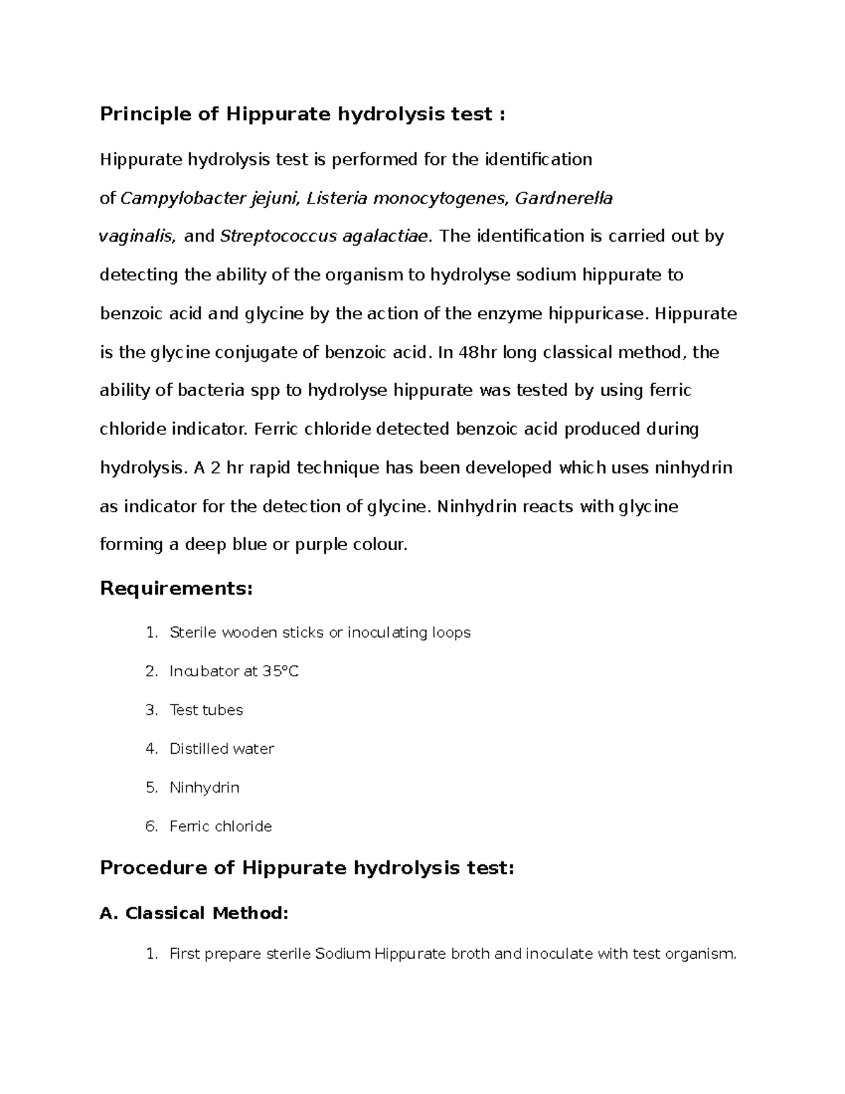 Biology Science Principle Of Hippurate Hydrolysis Test Hippurate Hydrolysis Test Is