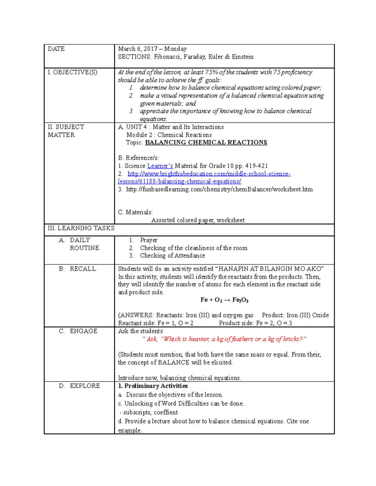 DLL Balancing CHEM Equations - DATE March 6, 2017 – Monday SECTIONS ...