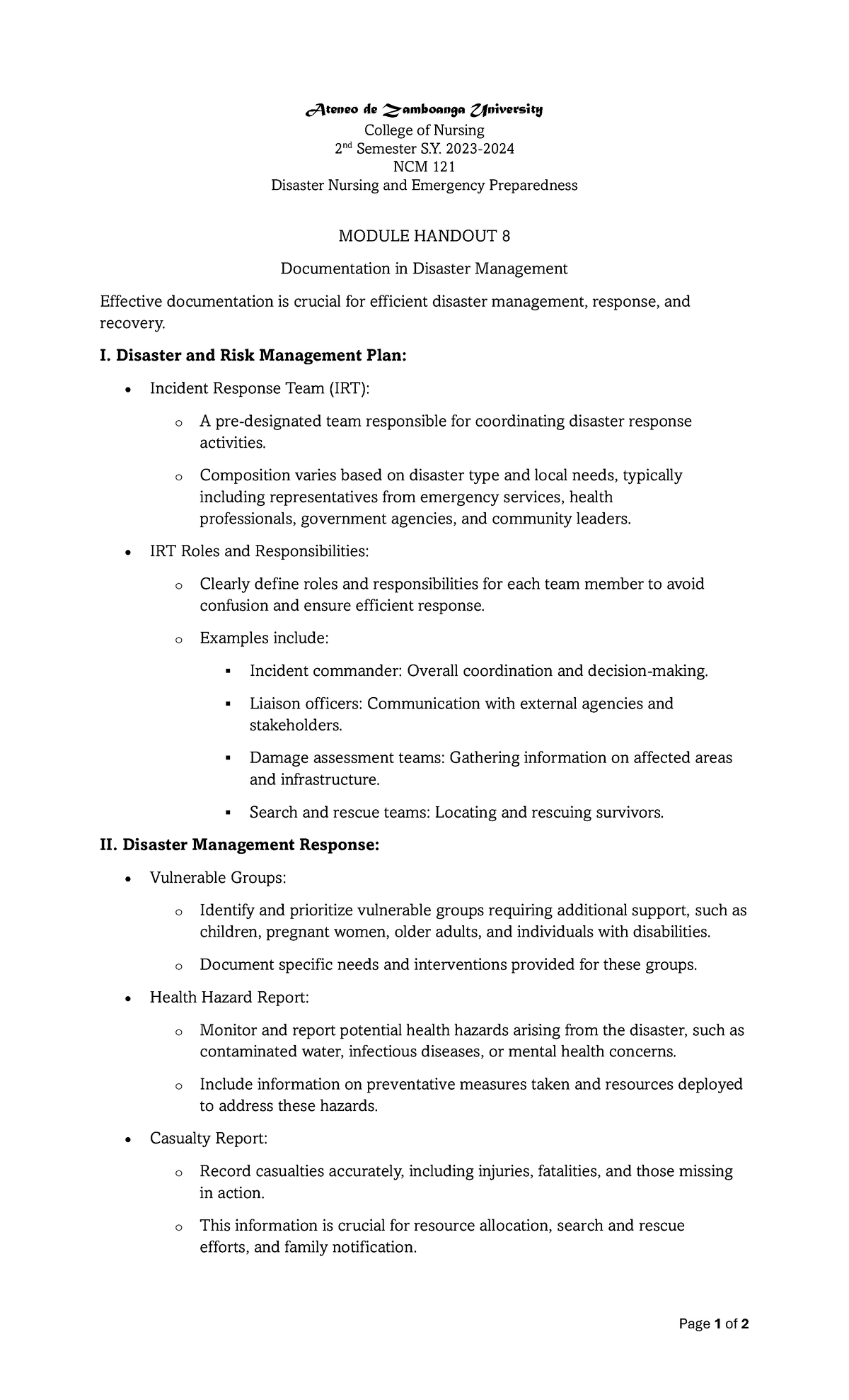 Module- Handout-8 - Summary Bachelors in Science in Nursing - Page 1 of ...