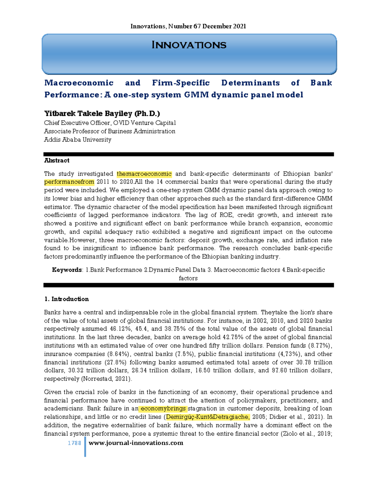 Macroeconomic and Firm Specific Determinants of Bank Performance ...
