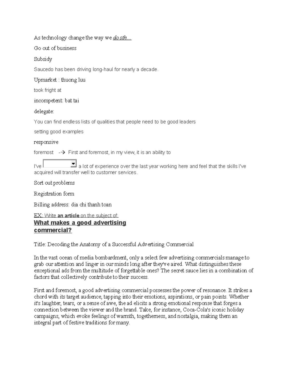 Business eng note As technology change the way we do sth... Go out