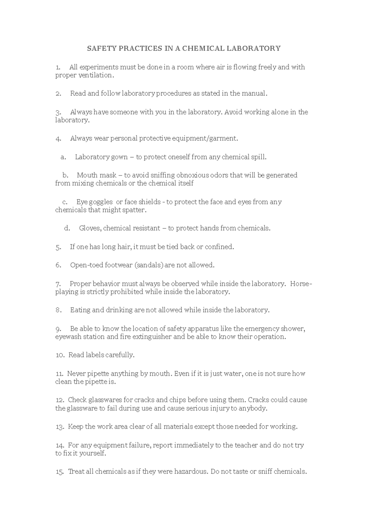 Safety Practices IN A Chemical Laboratory - SAFETY PRACTICES IN A ...