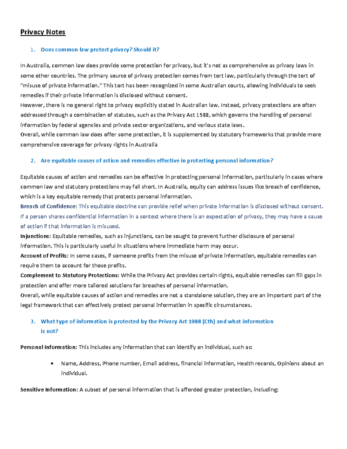 Privacy Notes - Privacy Notes Does common law protect privacy? Should ...
