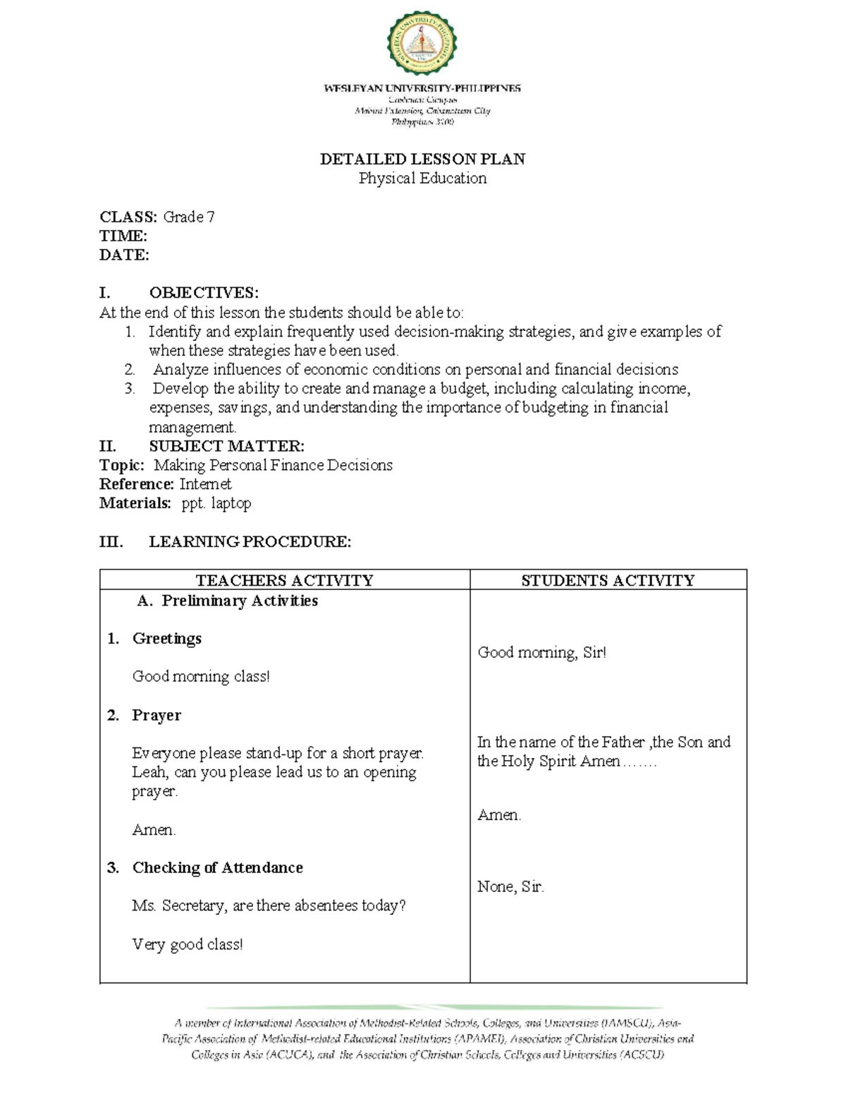 DLP-P.E-6 Template-1 - DETAILED LESSON PLAN Physical Education CLASS ...