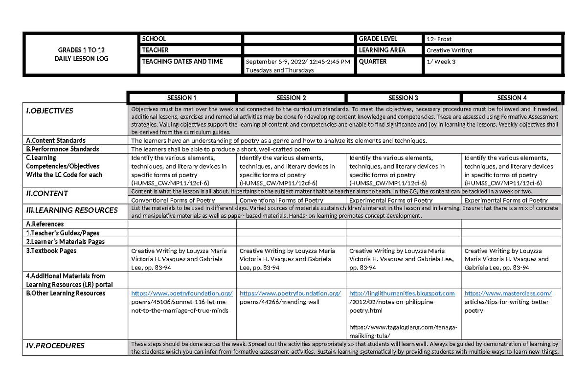 CW Q1 W3 - Daily Lesson Log - GRADES 1 TO 12 DAILY LESSON LOG SCHOOL ...