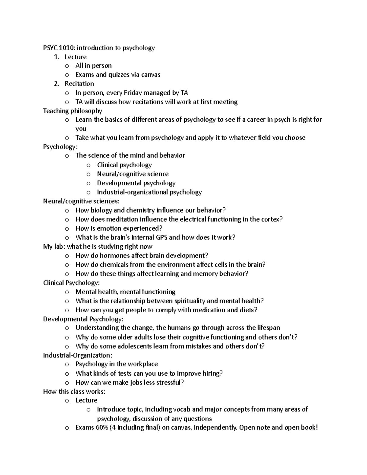 Psych Notes - PSYC 1010: Introduction To Psychology 1. Lecture O All In ...