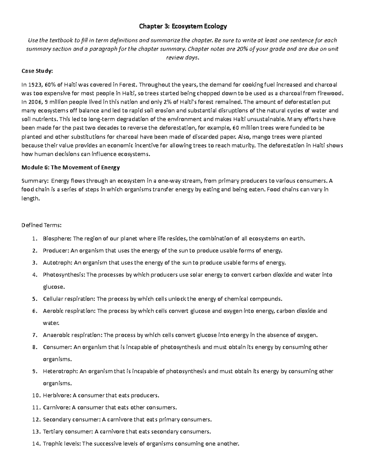 Chapter 3 Outline - Chapter 3: Ecosystem Ecology Use the textbook to ...