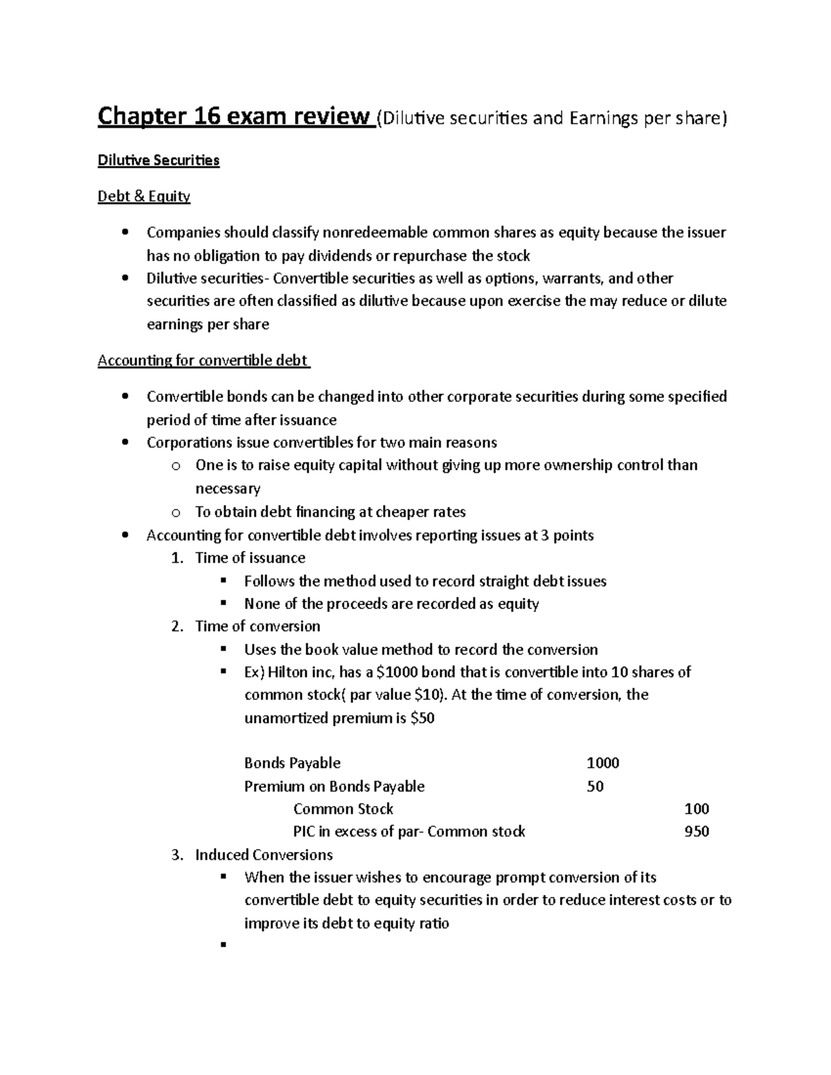 Chapter 16 exam review accounting - Chapter 16 exam review (Dilutive ...
