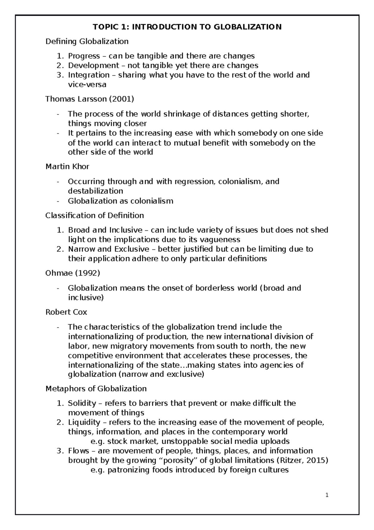 INTRODUCTION TO GLOBALIZATION - TOPIC 1: INTRODUCTION TO GLOBALIZATION ...