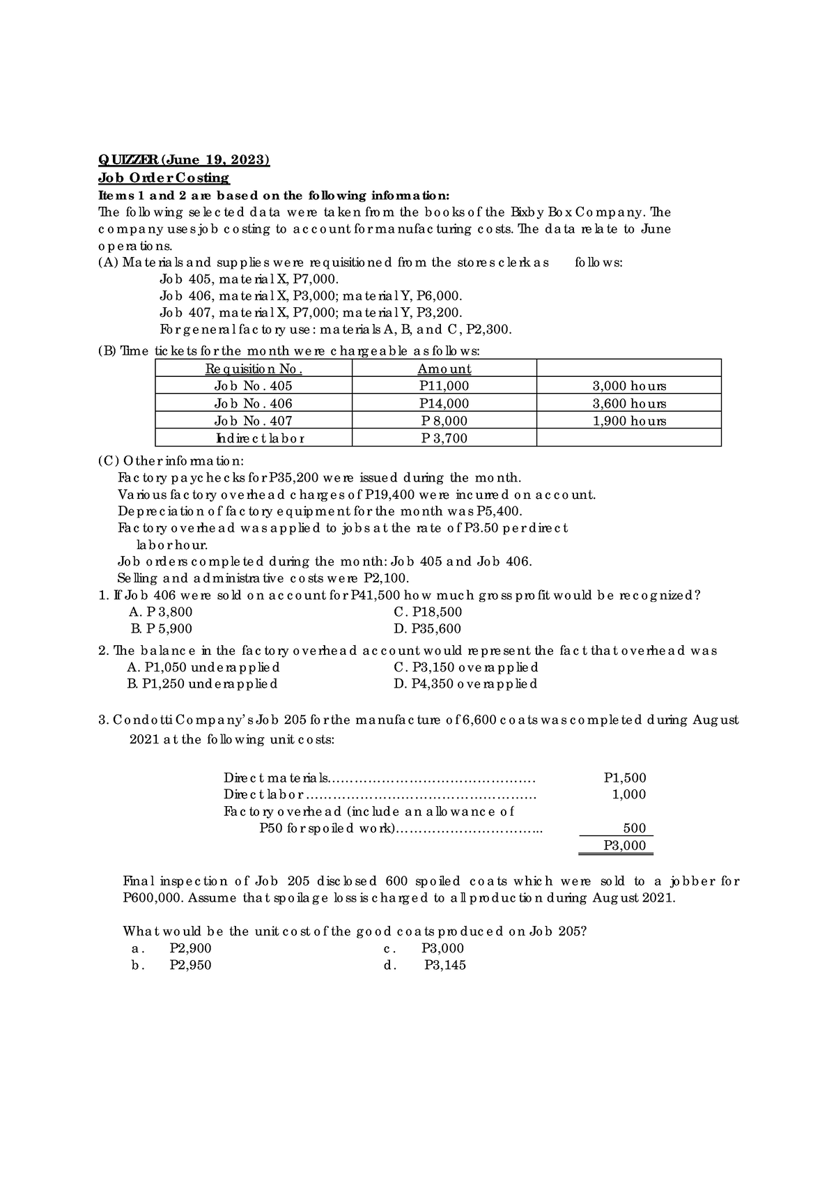 Job Order Quizzer - 123 - Cost Accounting - Studocu