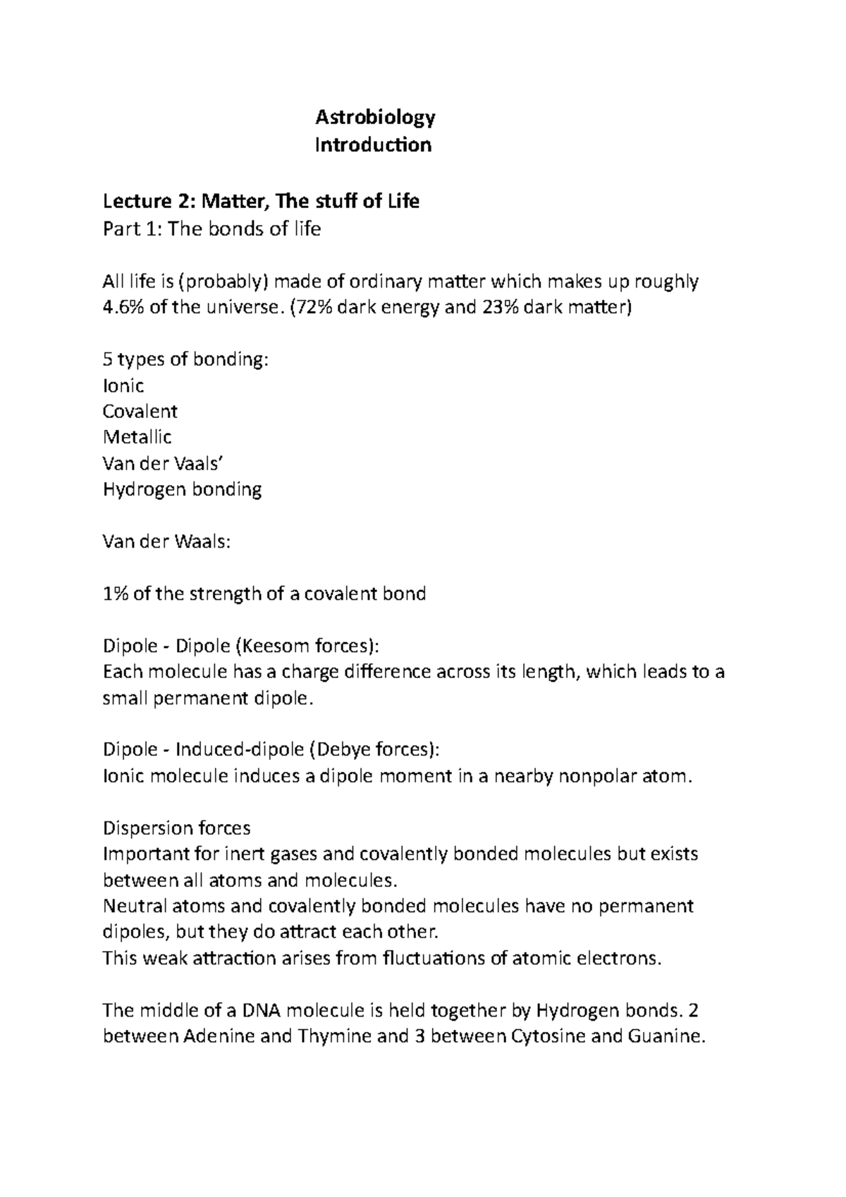 Astrobiology part 1 Astrobiology Introduction Lecture 2 Matter, The