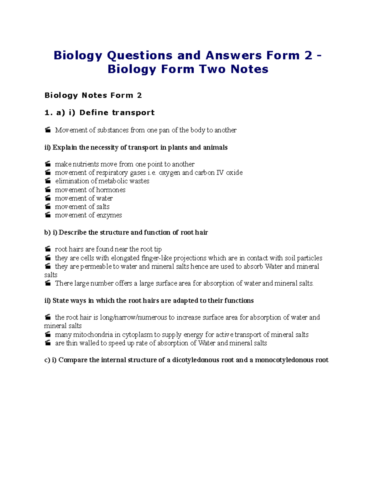 Biology Questions and Answers Form 2 - oxygen and carbon IV oxide ...