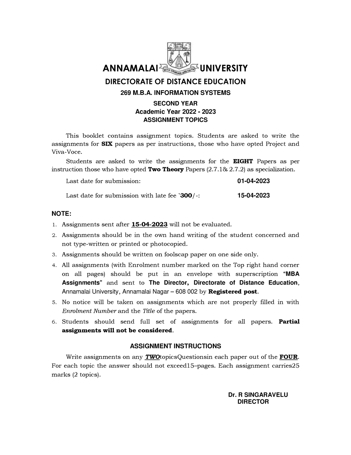 annamalai university mba 2nd year assignment 2022