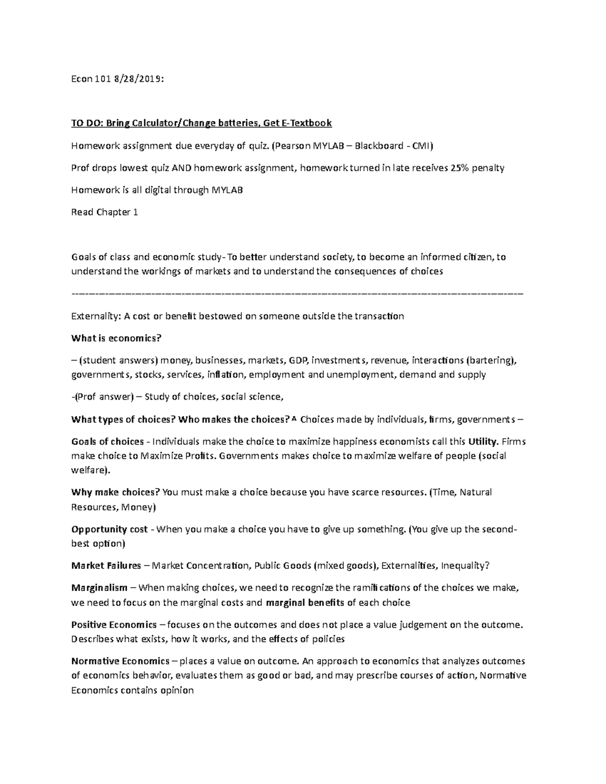 ECON 101 8282019 - Lecture notes 6 - Econ 101 8/28/2019: TO DO: Bring ...