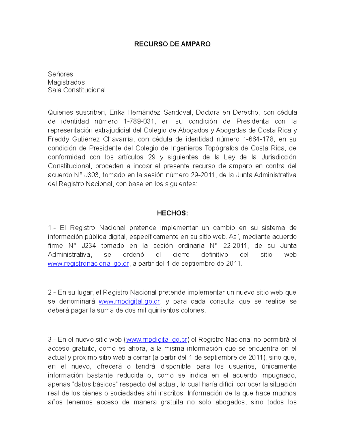 Amparo Contra EL Registro Nacional - RECURSO DE AMPARO Señores ...