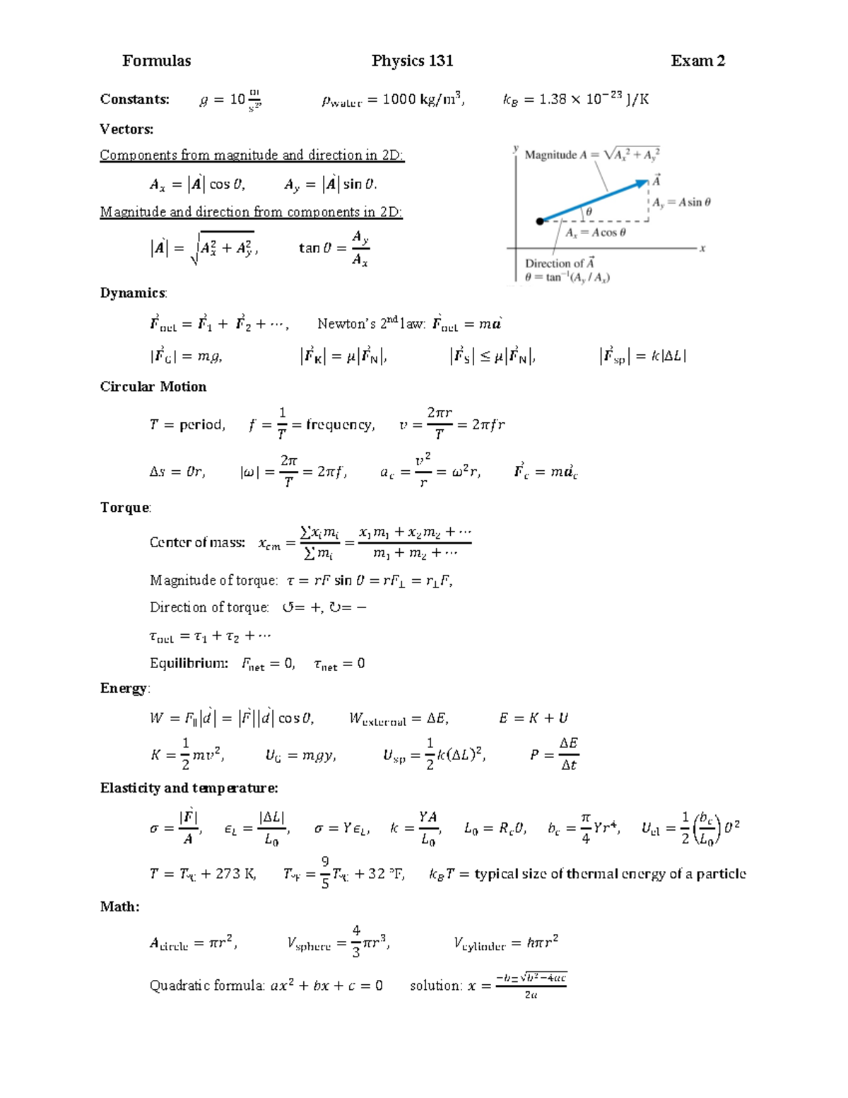Exam 2 Formula Sheet - Formulas Physics 131 Exam 2 Constants: 𝑔 = 10 ...