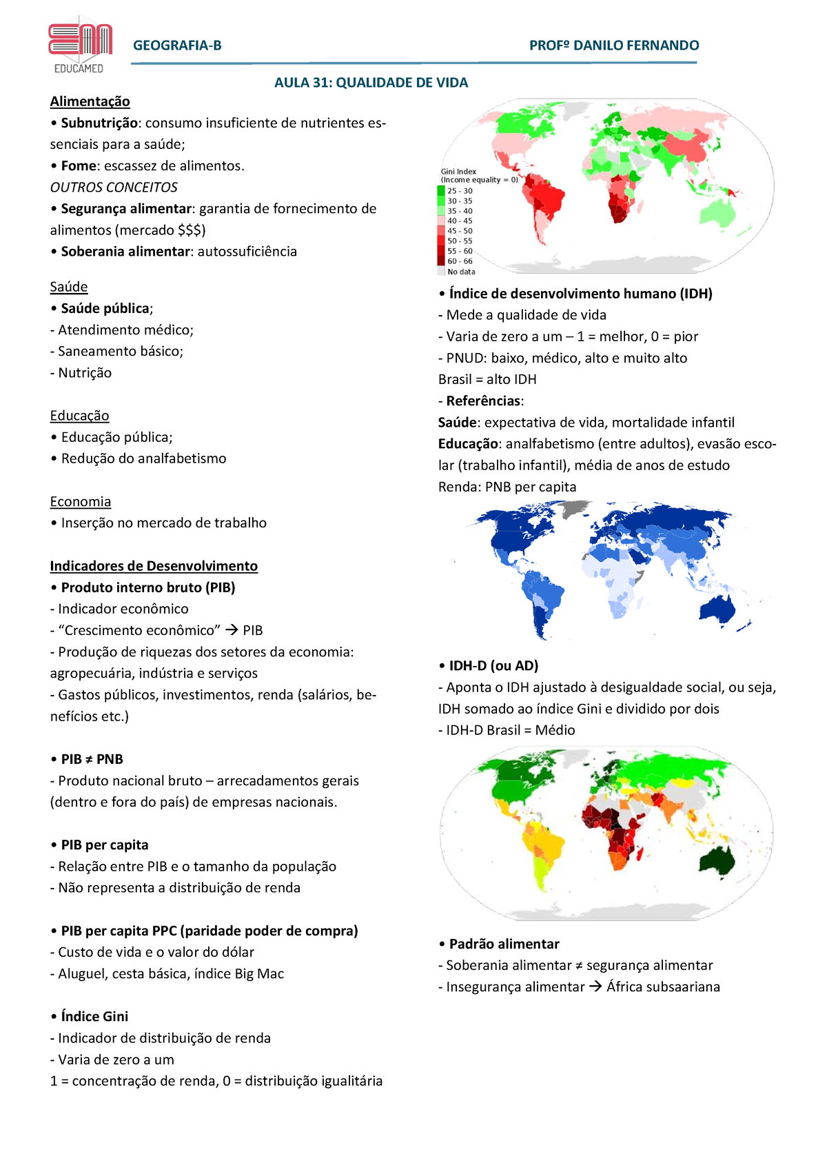 Geografia B - Folhinha - Aulas 31 - Qualidade De Vida - GEOGRAFIA-B ...