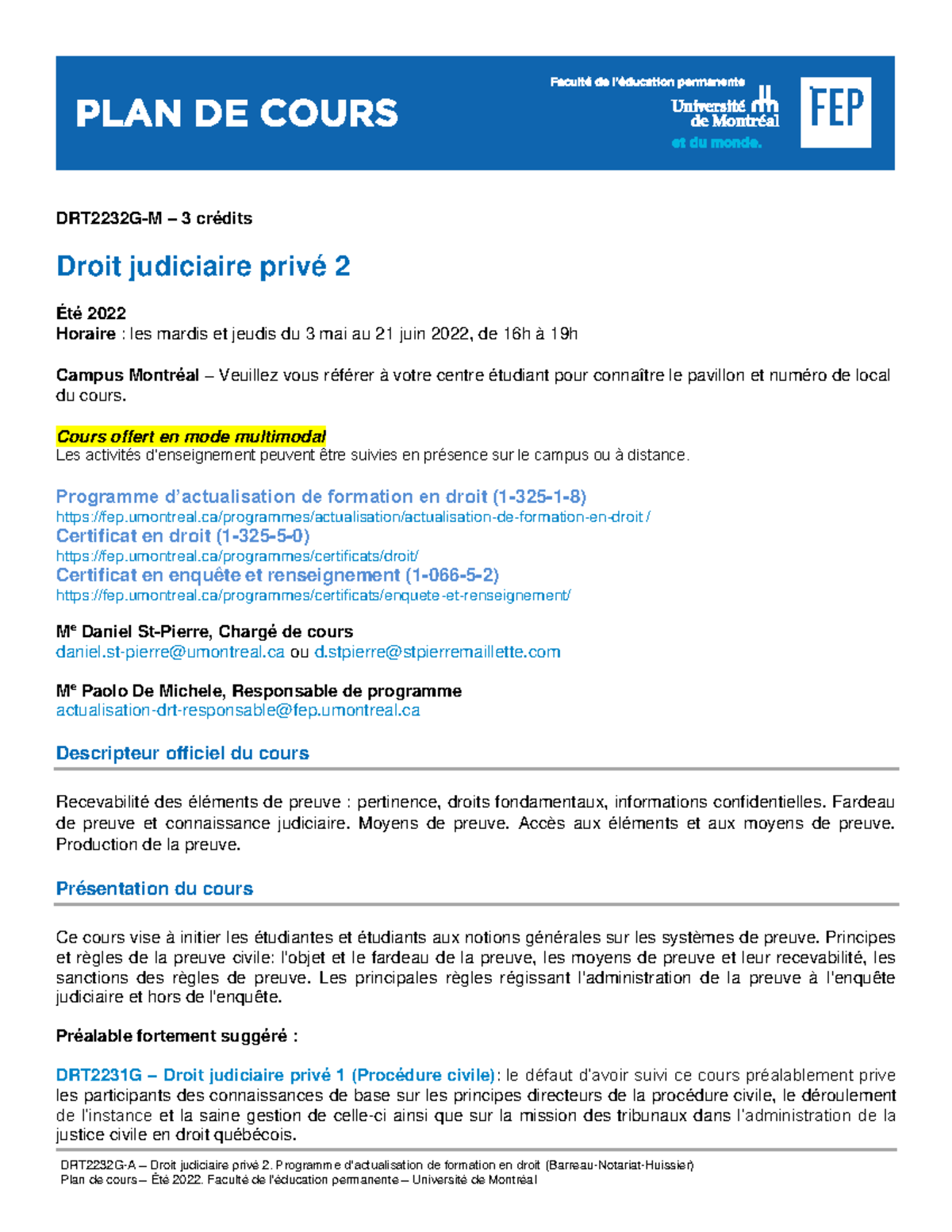 PLAN - PLAN COURS DROIT JUDICIAIRE PRIVÉ 2 - DRT2232G-A – Droit ...