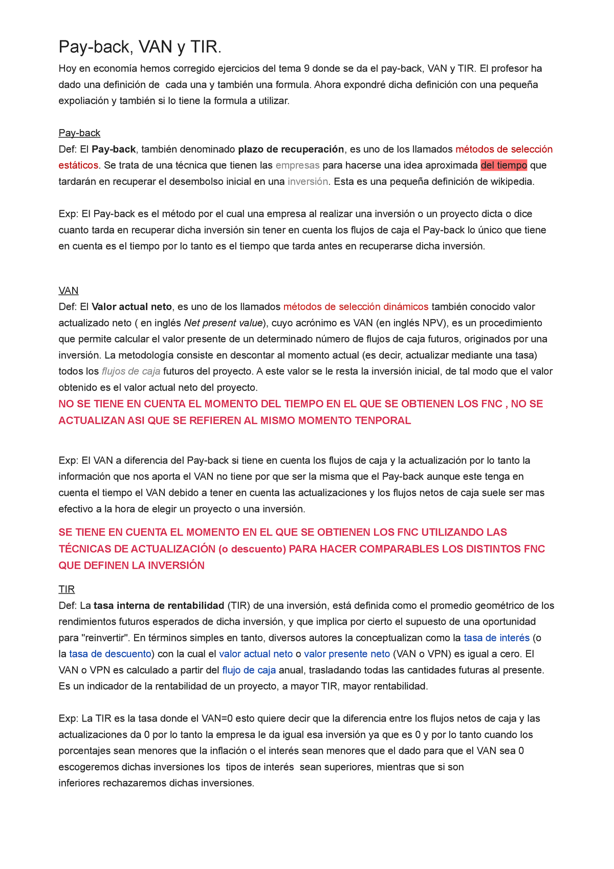 Payback VAN TIR - VAN Y TIR. Hoy En Hemos Corregido Ejercicios Del Tema ...