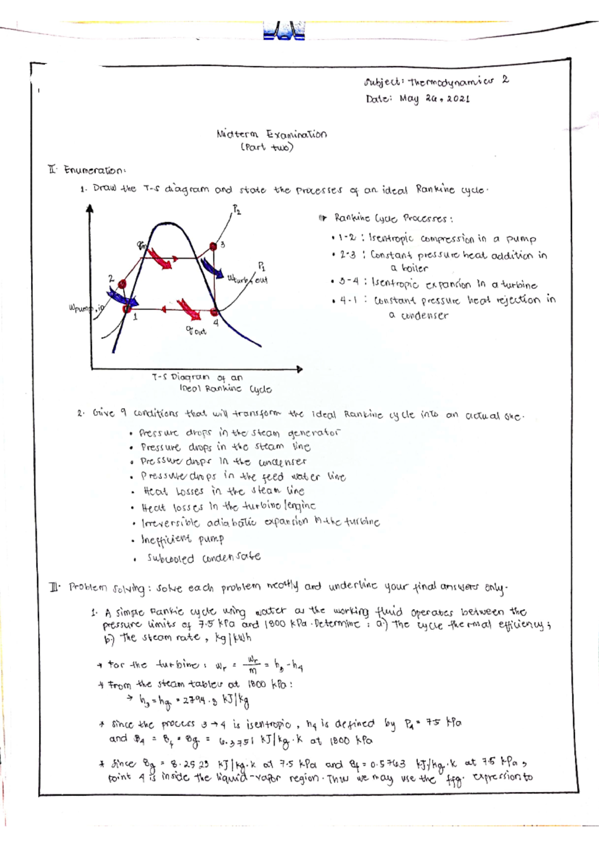 Thermo 1 Mid Exam(part2) - Mechanical Engineering - NVSU - Studocu