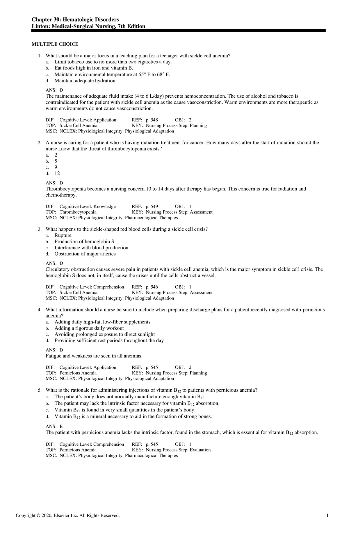 Exam View - Chapter 30 - Potter Fundamentals - Chapter 30: Hematologic ...