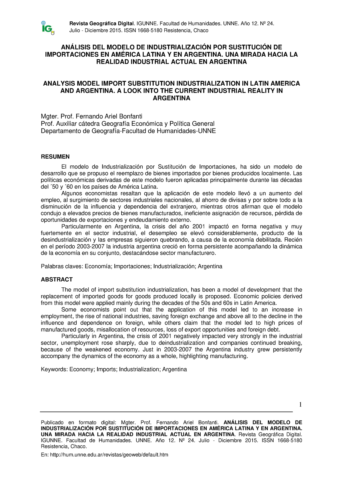 Modelo ISI Julio Diciembre 2015. ISSN 1668 5180 Resistencia