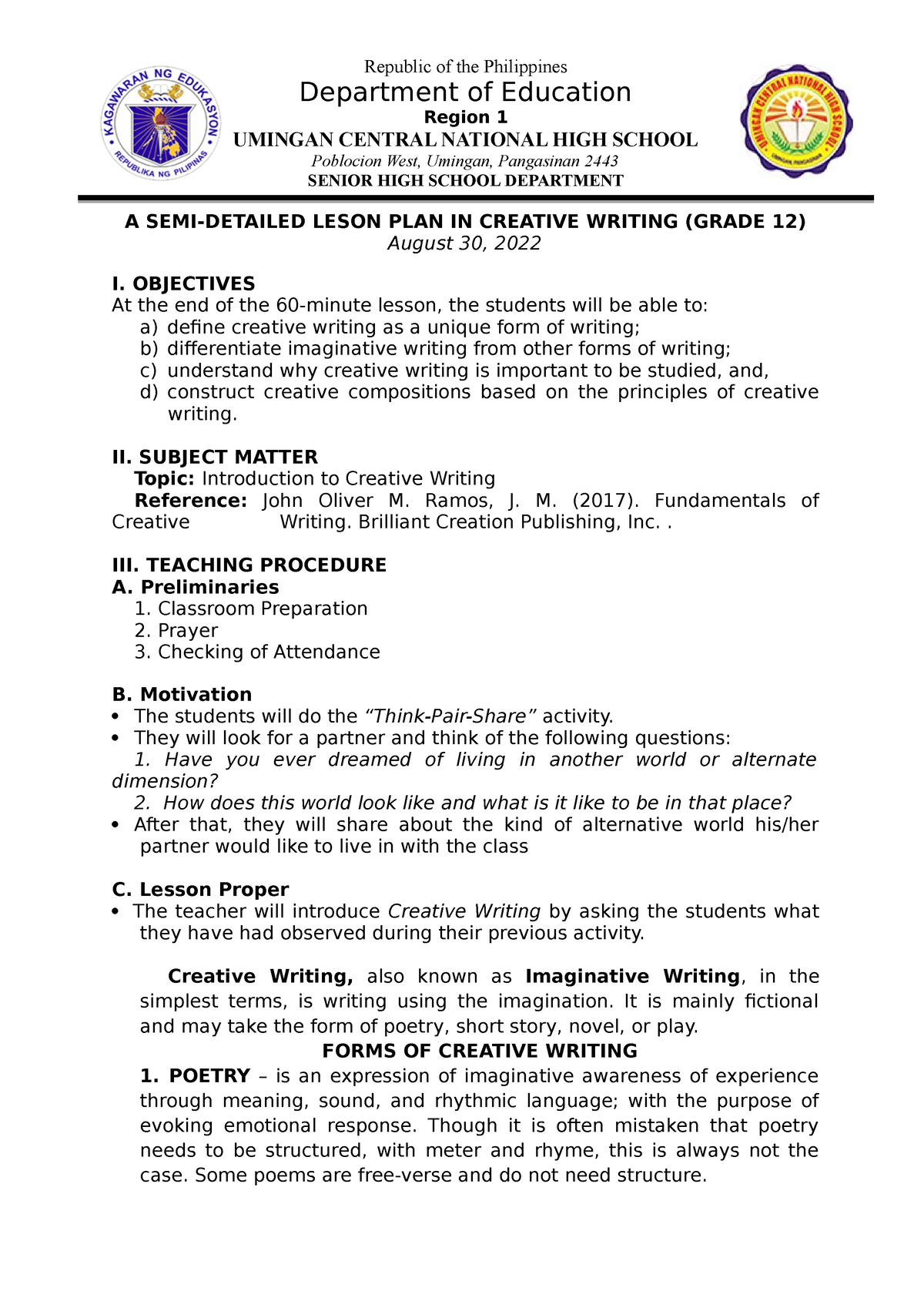 lesson plan on creative writing for grade 1