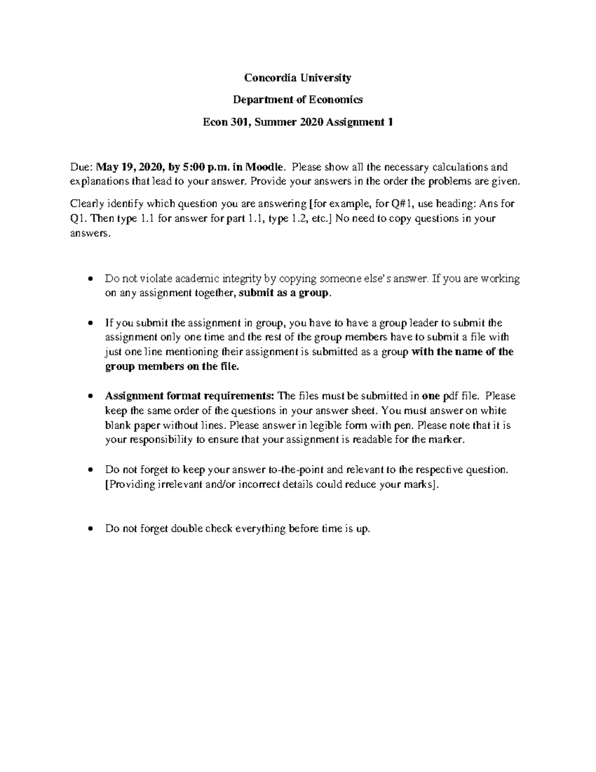 Assignment 1 - N/A - Concordia University Department of Economics Econ ...