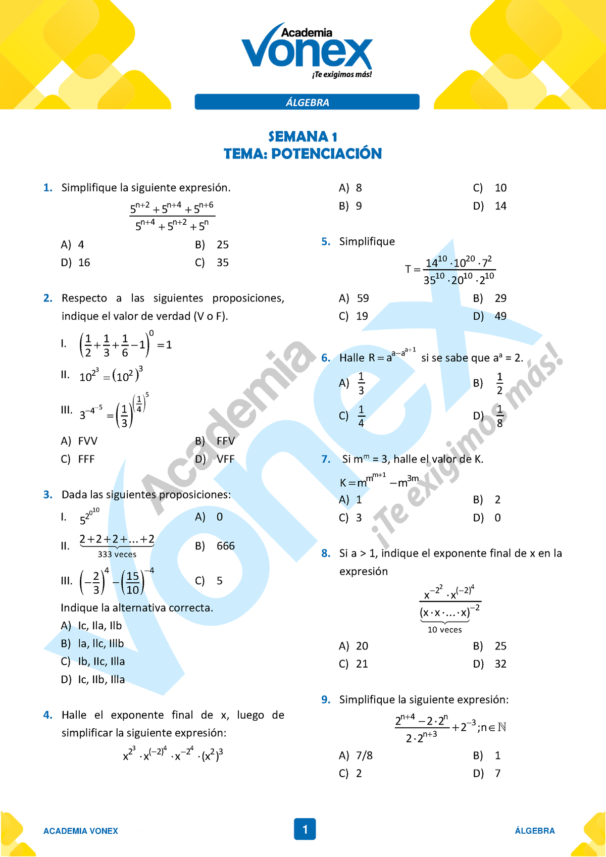 Algebra SM Tarde S1-1 - Ikk - ÁLGEBRA ACADEMIA VONEX 1 ÁLGEBRA SEMANA 1 ...