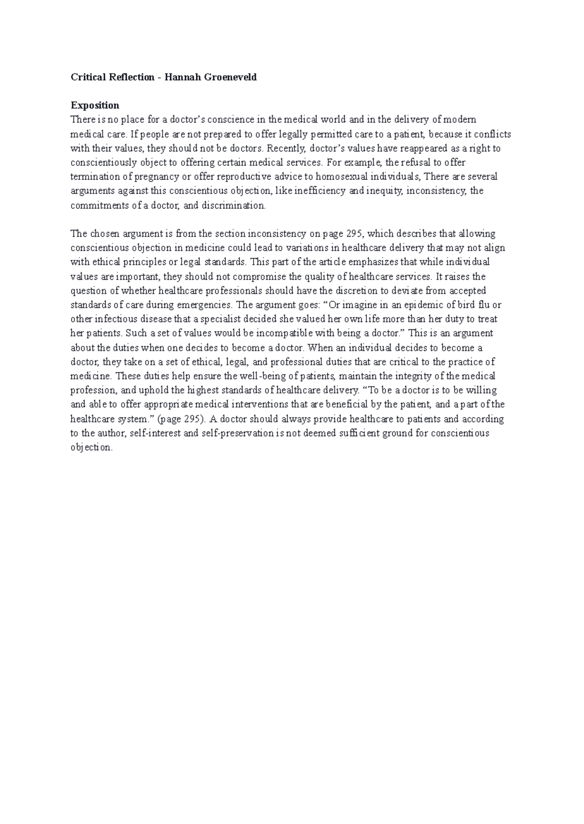 Critical reflection Biomedical ethics - Critical Reflection - Hannah ...