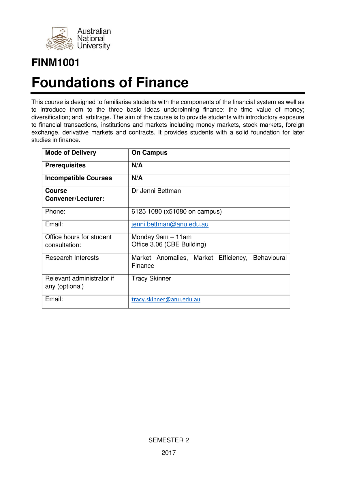 Course Outline 2018 - S1 - FINM1001 Foundations Of Finance This Course ...