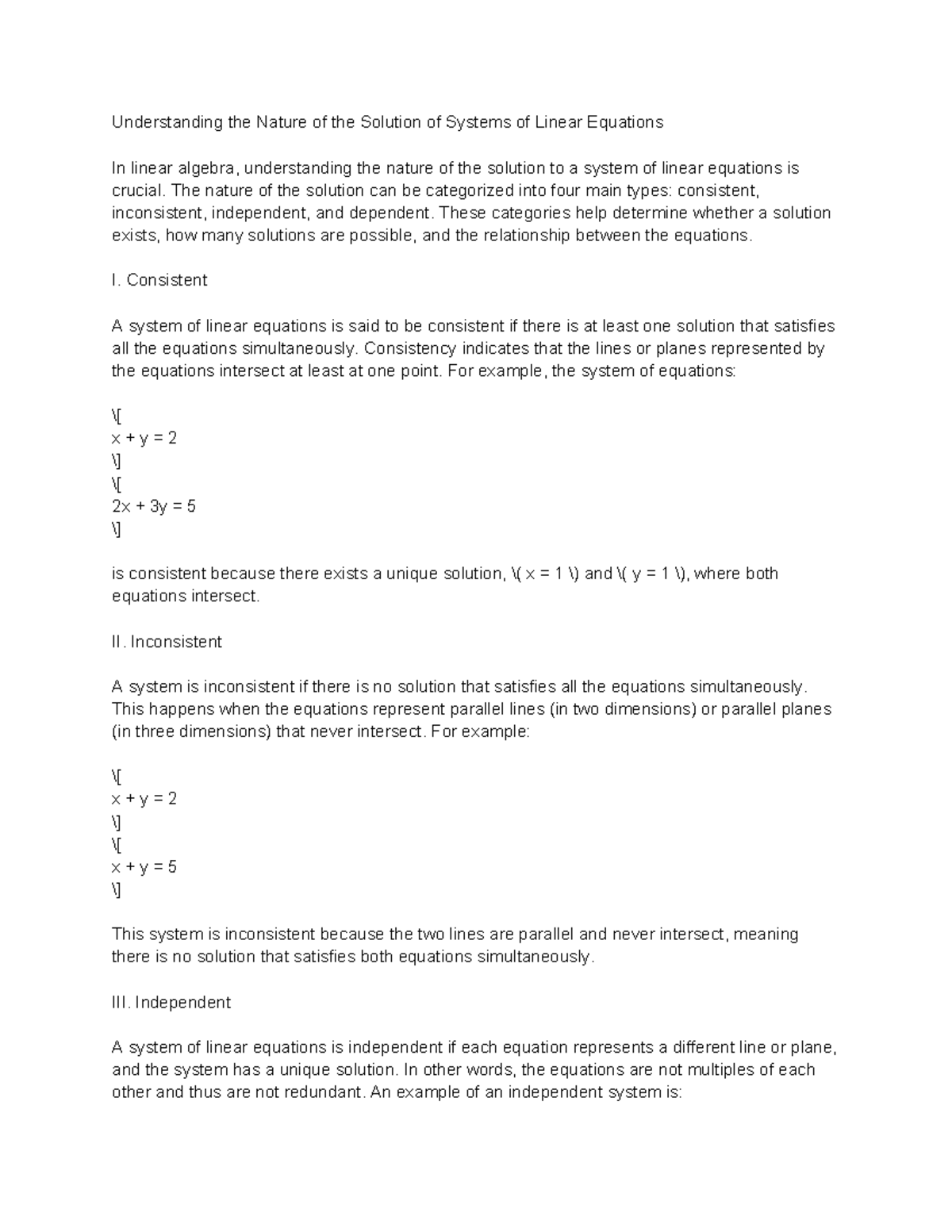 Understanding the Nature of the Solution of Systems of Linear ...