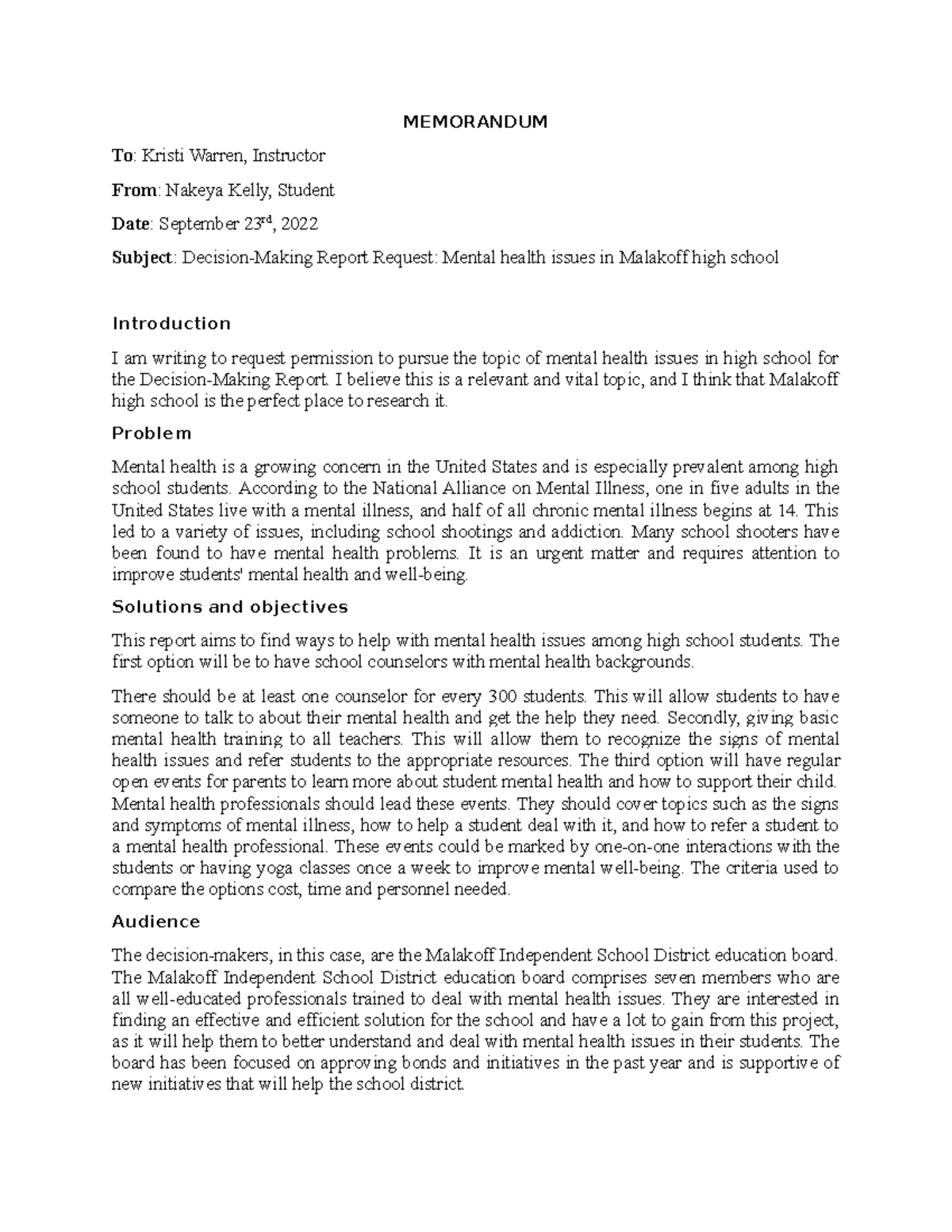 Report Topic Proposal Memo MEMORANDUM To Kristi Warren, Instructor