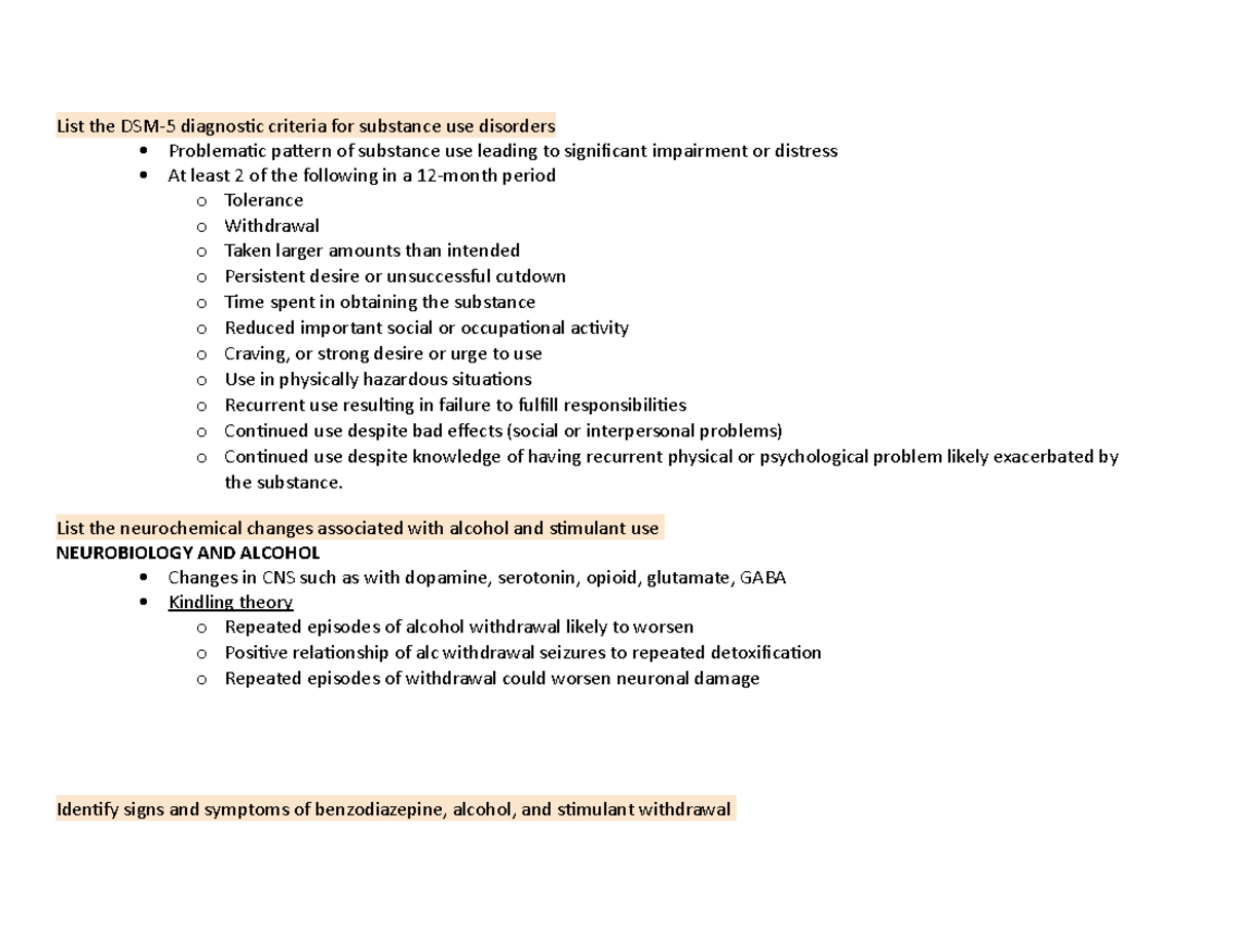 Substance Use Disorder Part 1 List the DSM5 diagnostic criteria for substance use disorders