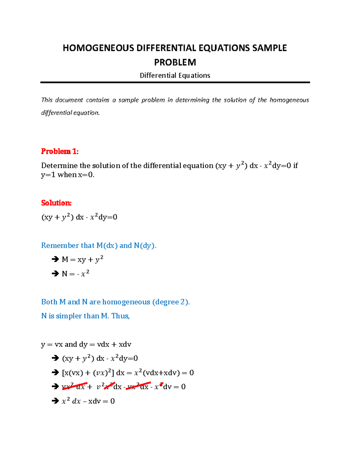 Homogeneous Differential Equation Sample Problem - HOMOGENEOUS ...