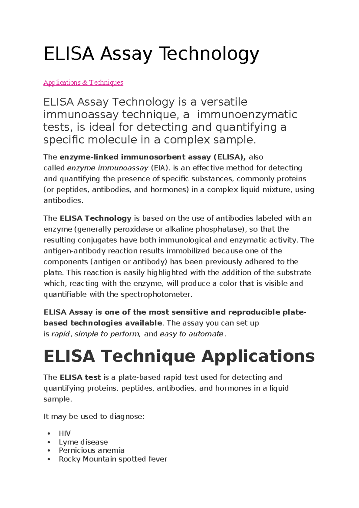 Elisa Assay Technology - ELISA Assay Technology Applications ...
