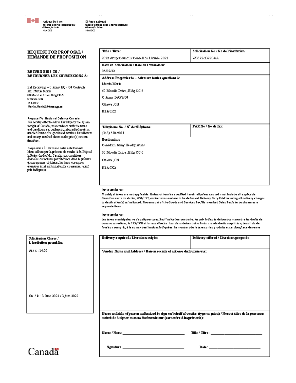 Request for proposal - army council 2022 - W3372-229904/A Title / Titre ...