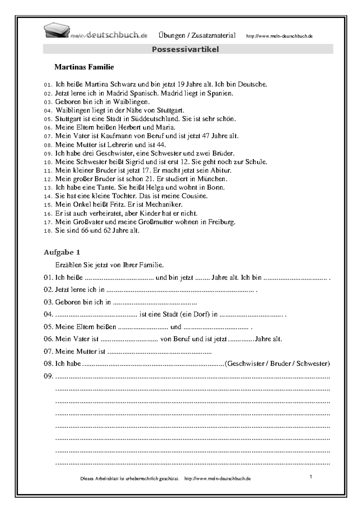 Possessivartikel-nur Nominativ - Übungen / Zusatzmaterial mein