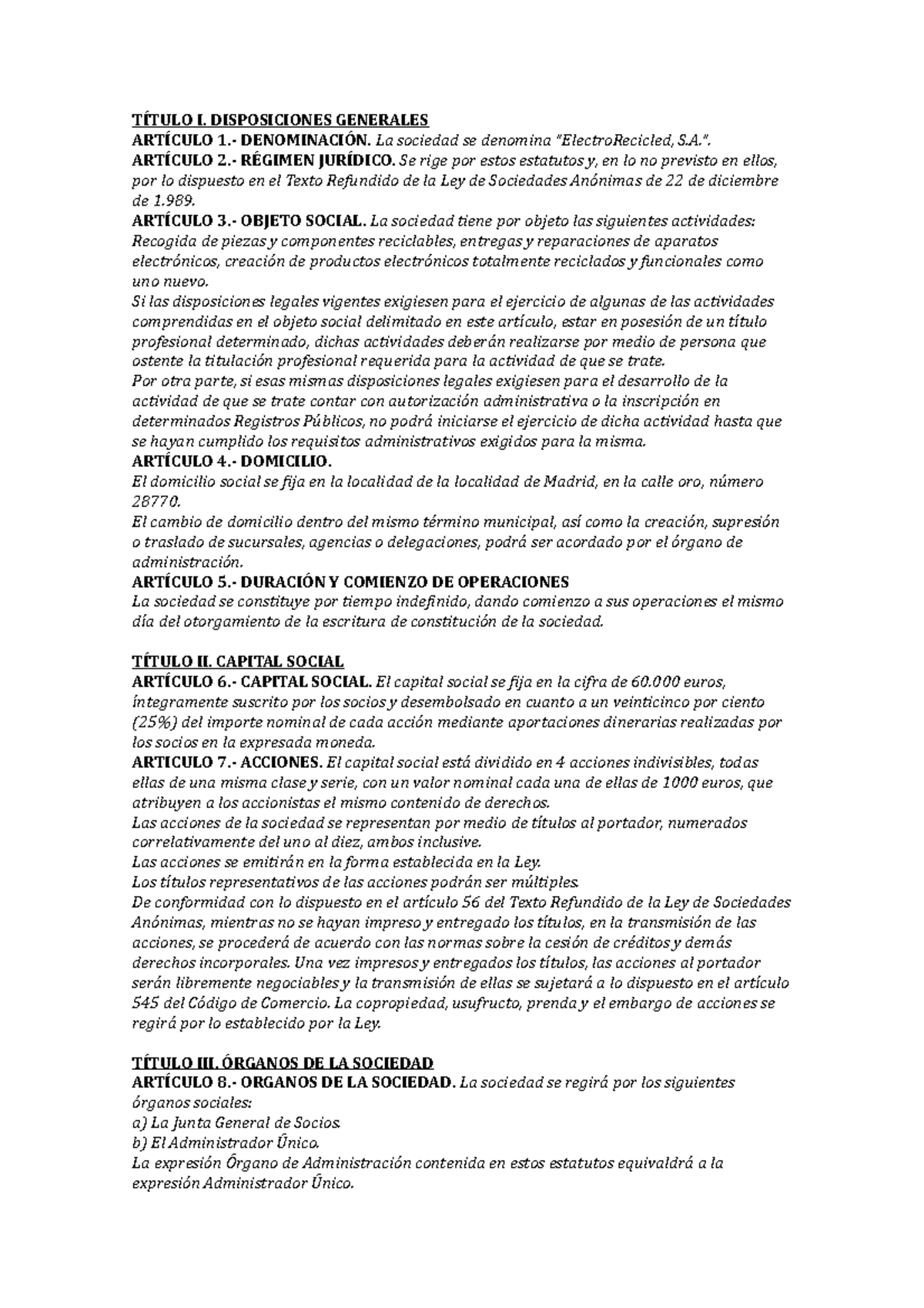 Estatutos De Sociedad Anonima - TÍTULO I. DISPOSICIONES GENERALES ...