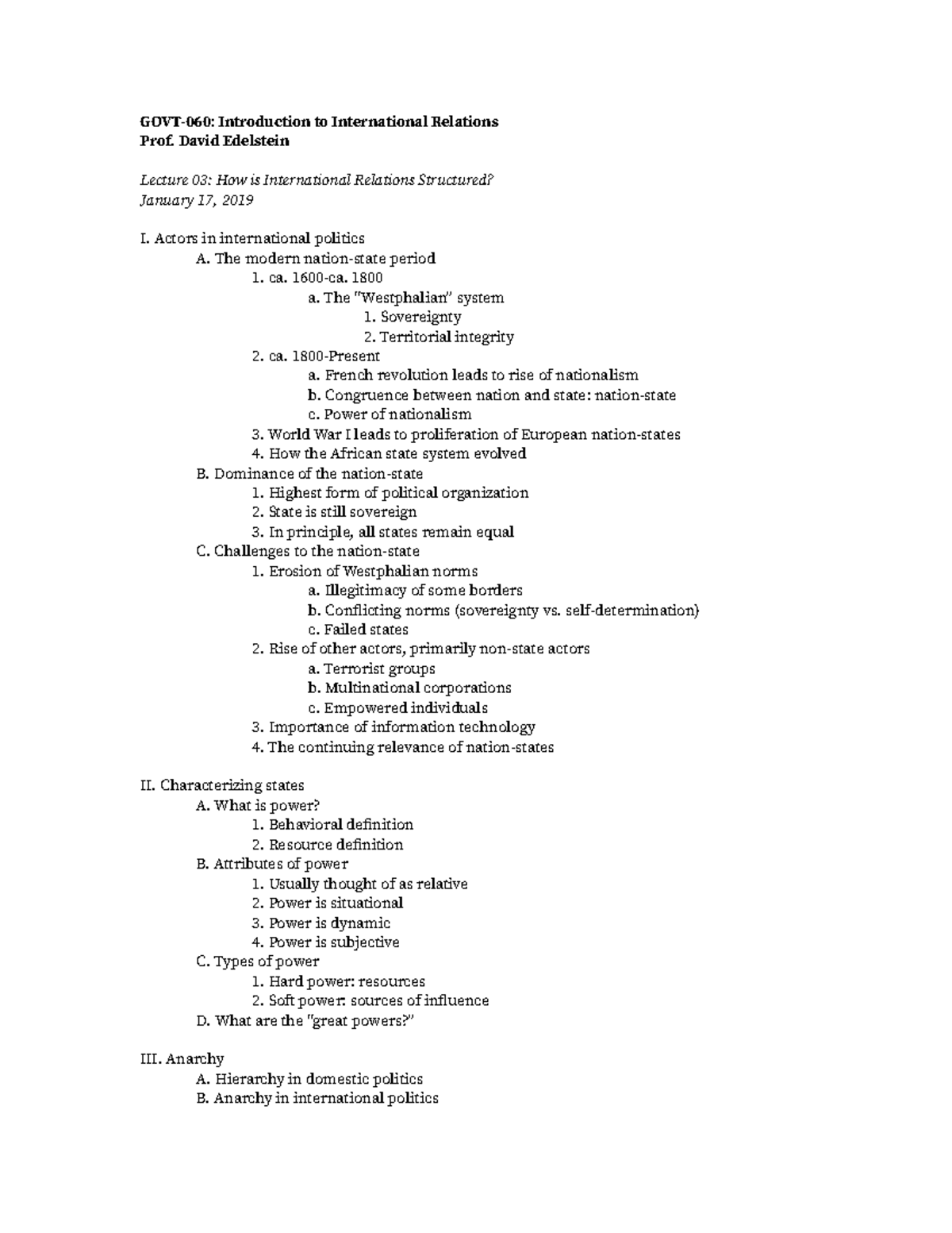 Lecture 3 Notes-How is International Relations structured - GOVT-060 ...