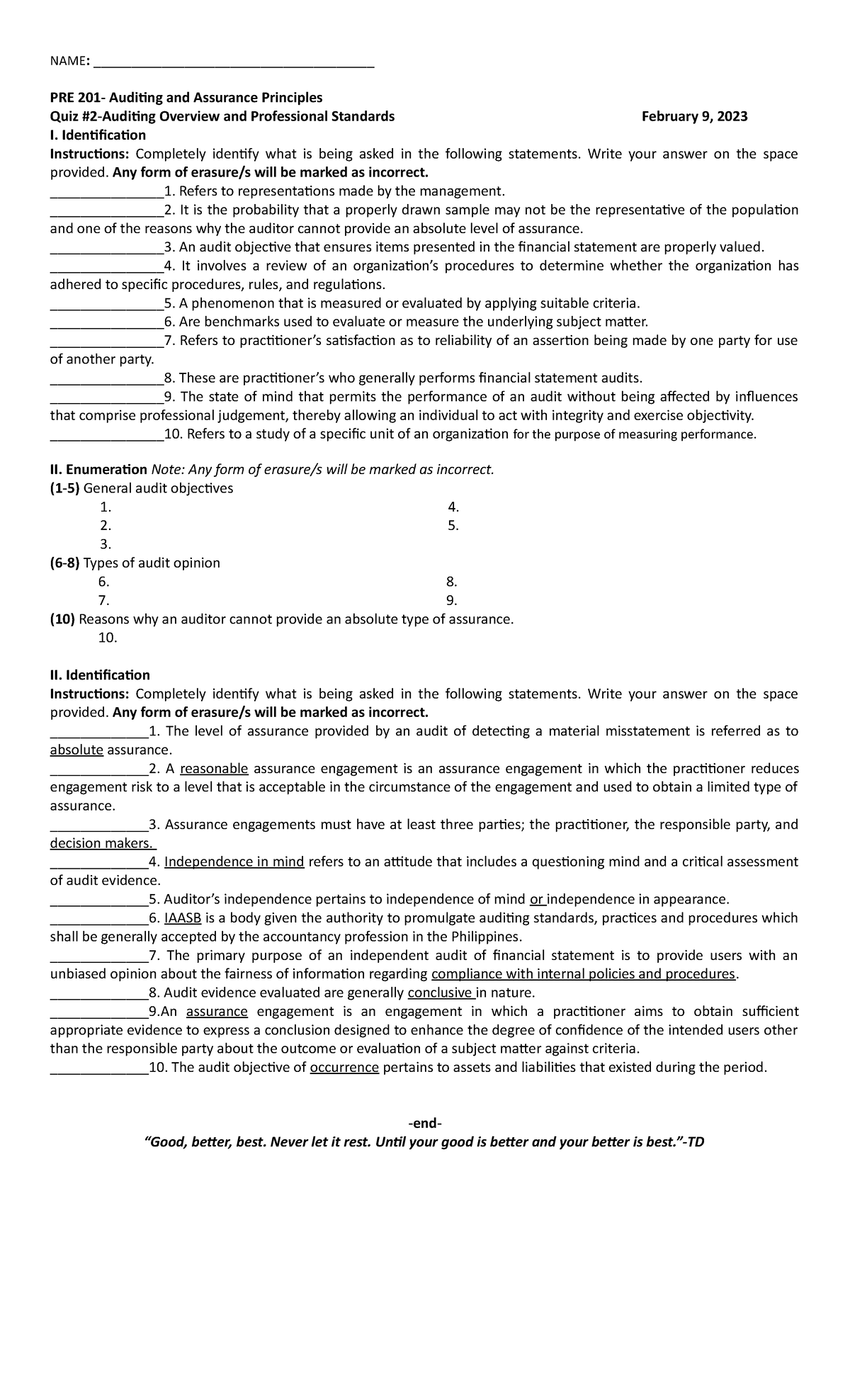 Auditing - Identification Instructions: Completely identify what is ...