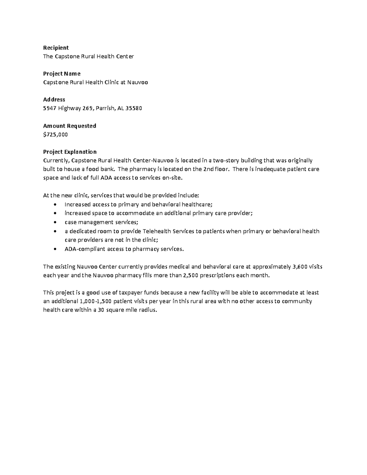 Aderholt FY22 one page Capstone Rural Health Clinic at Nauvoo