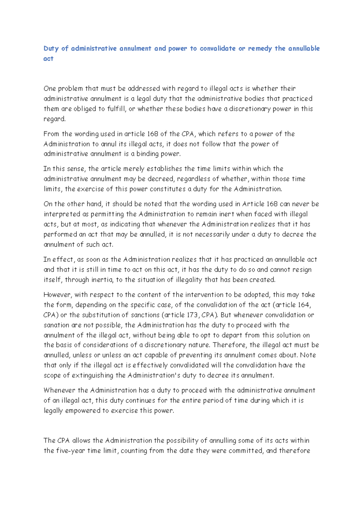 Duty of administrative annulment and power to convalidate or remedy the ...