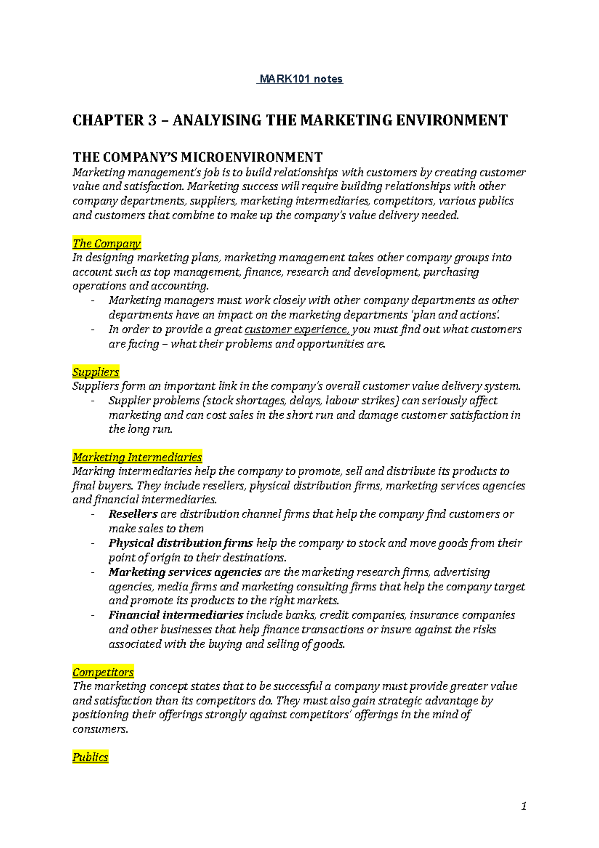Marketing Notes Chapter 3,4,5 - MARK101 notes CHAPTER 3 ANALYISING THE ...
