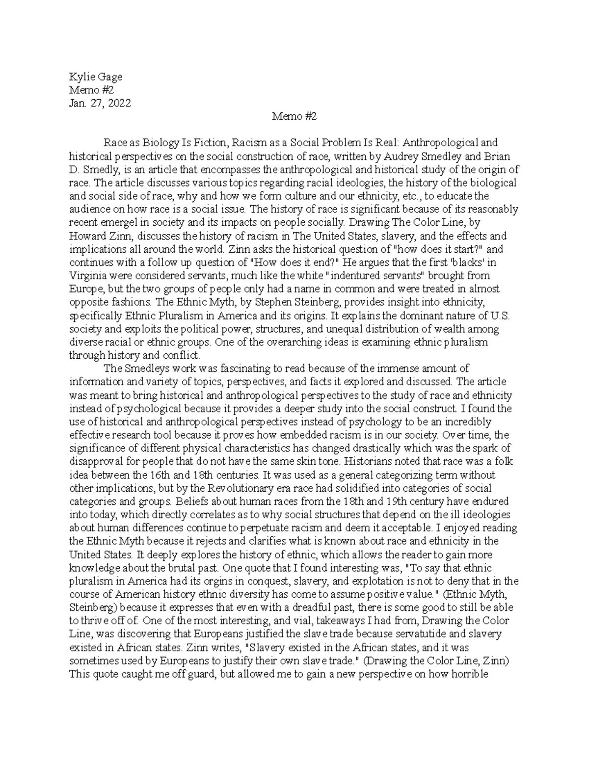 Memo #2 - Memos Based On Articles - Kylie Gage Memo # Jan. 27, 2022 