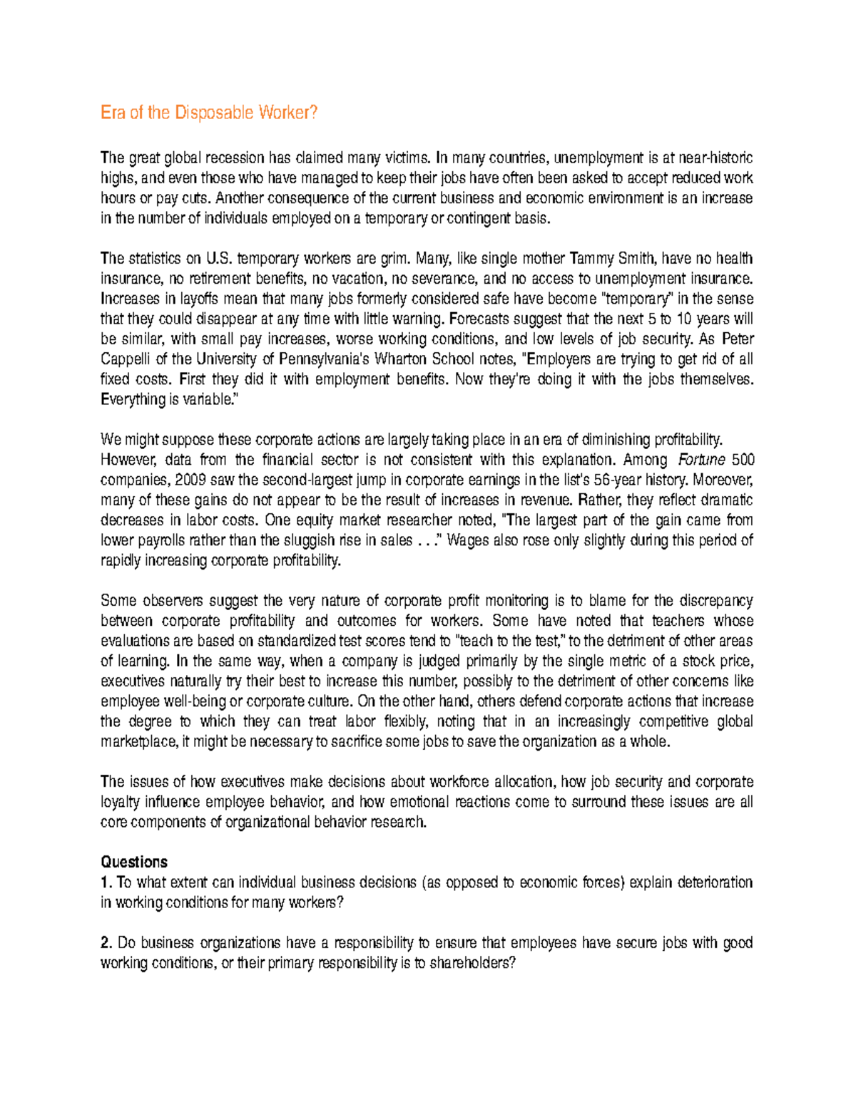 Era of the Disposable worker The great global recession has claimed