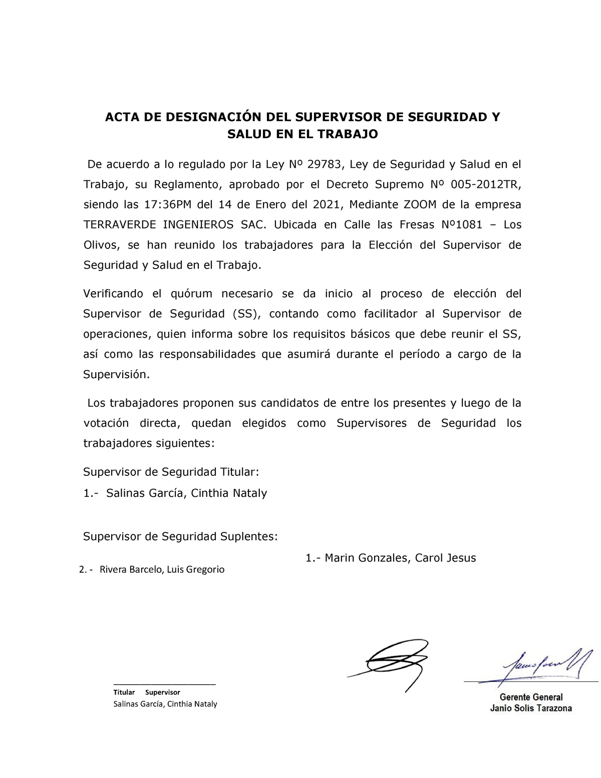 Acta De Nombramiento Del Supervisor De Seguridad Y Sa