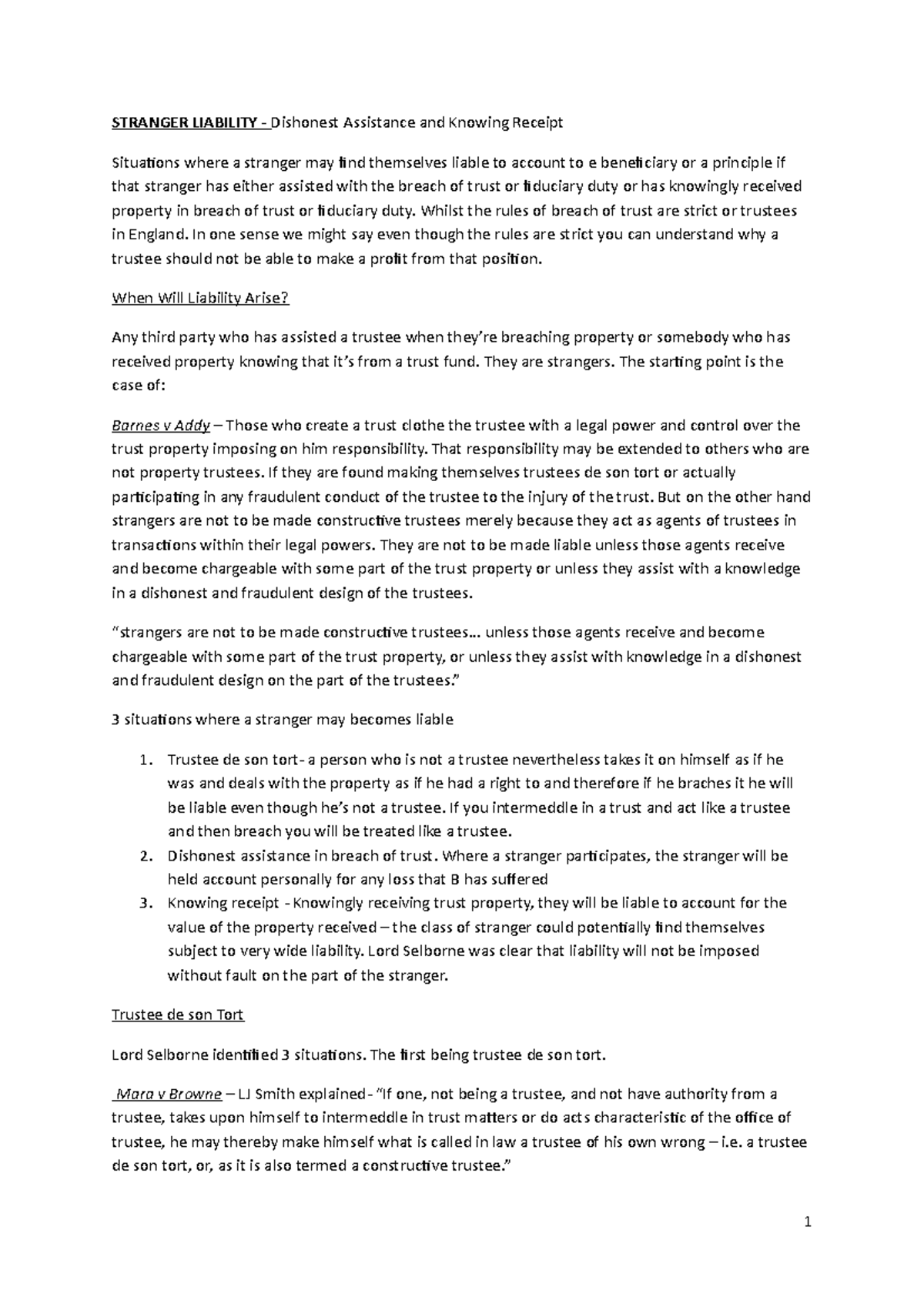 Strangers Liability Essay PLAN - STRANGER LIABILITY - Dishonest ...